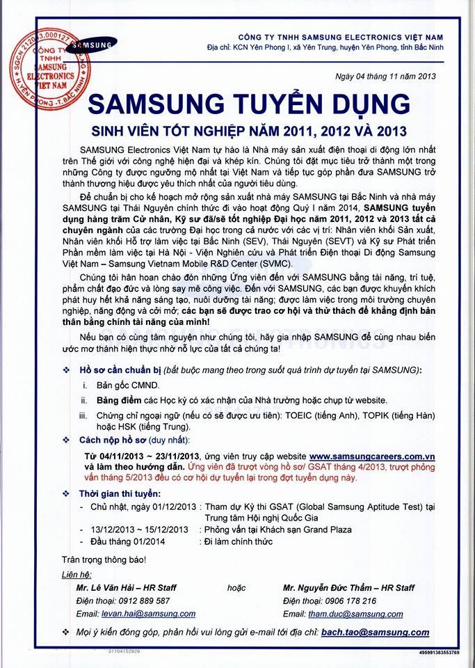 Samsung Electronics Vietnam Tuyển dụng Sinh Viên Tốt Nghiệp 2011, 2012, 2013