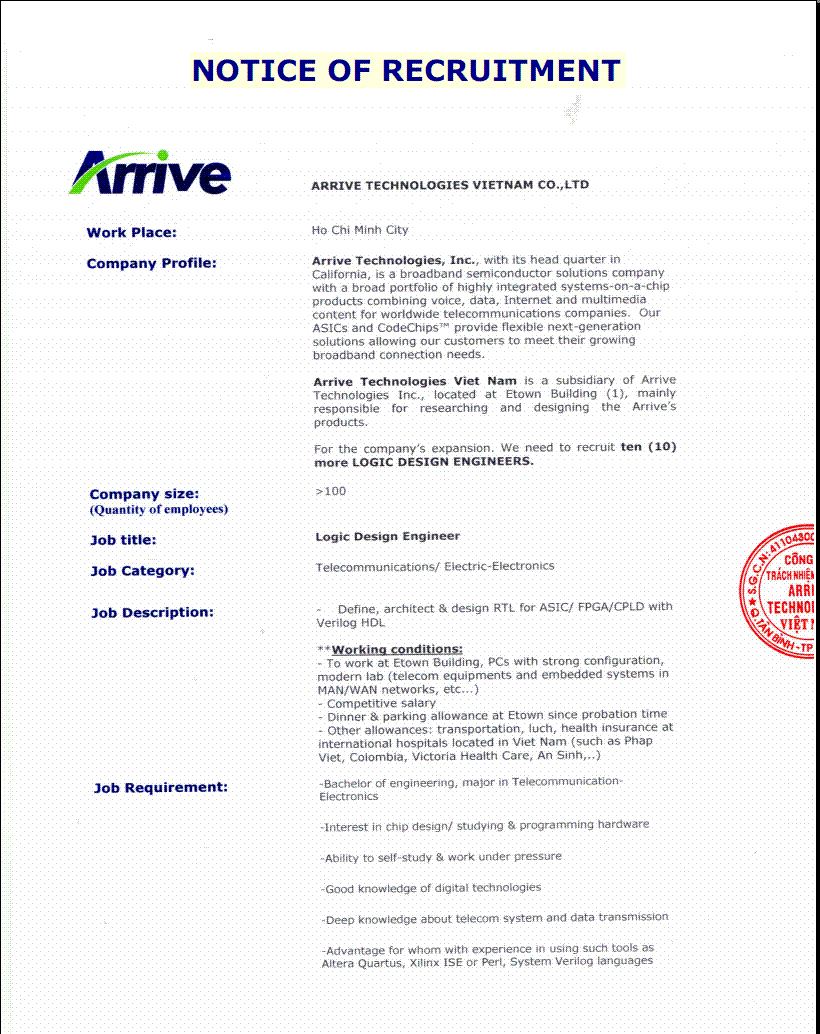 Arrive Technologies tuyển dụng Logic Design Engineer